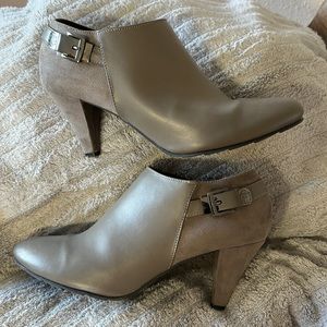 Gray heeled suede and vegan leather bootie
